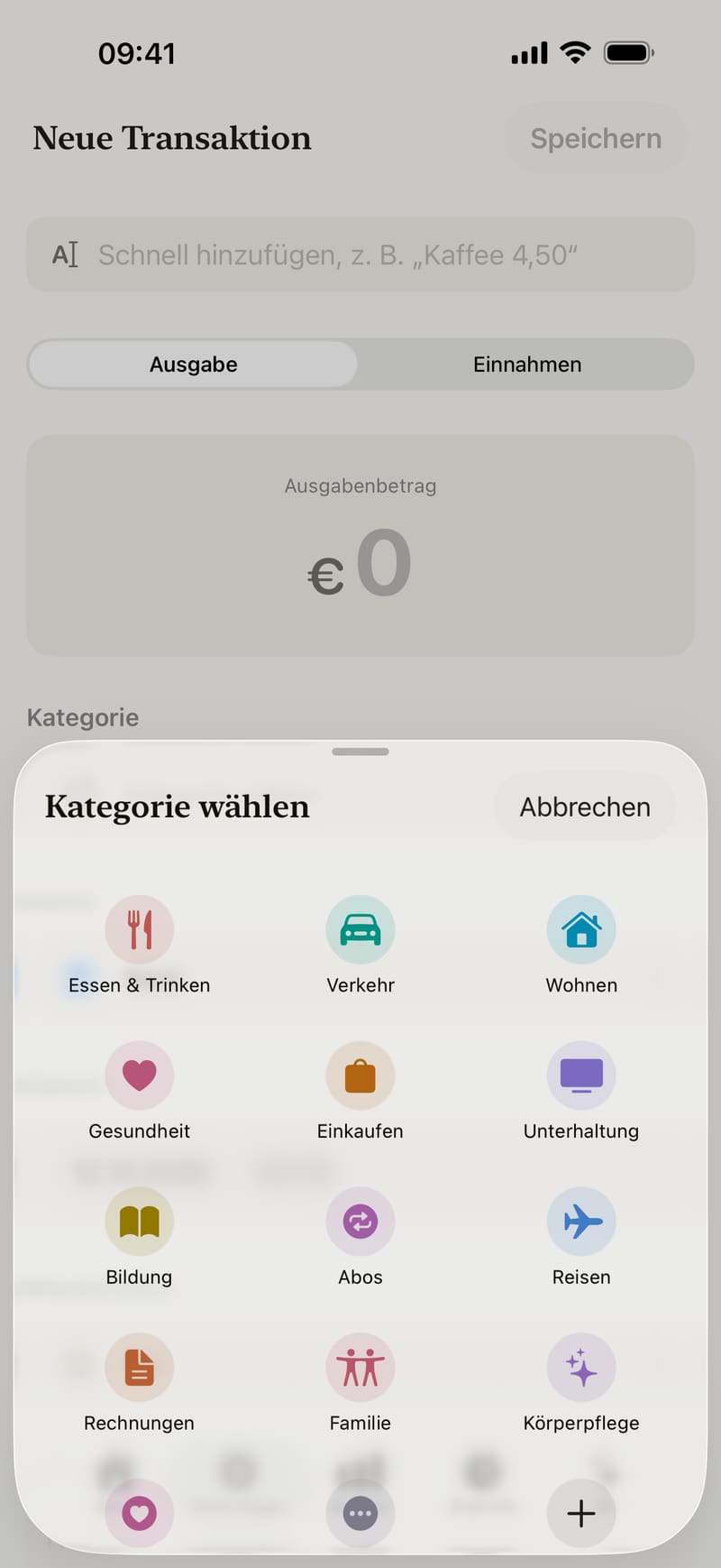 Neue Transaktion mit geöffneter Kategorieauswahl