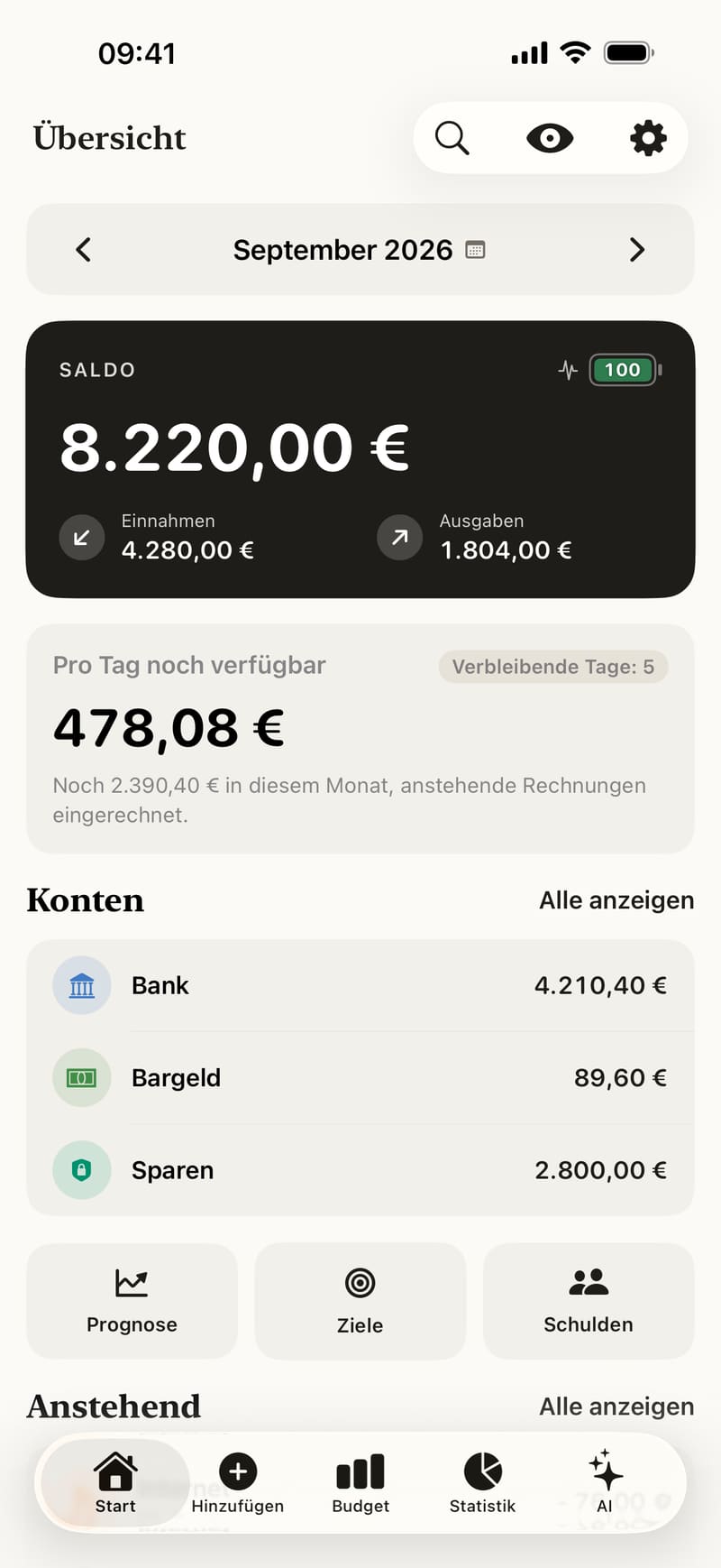 Fince Übersicht: Saldo, Finanz-Score, pro Tag noch verfügbar und Konten