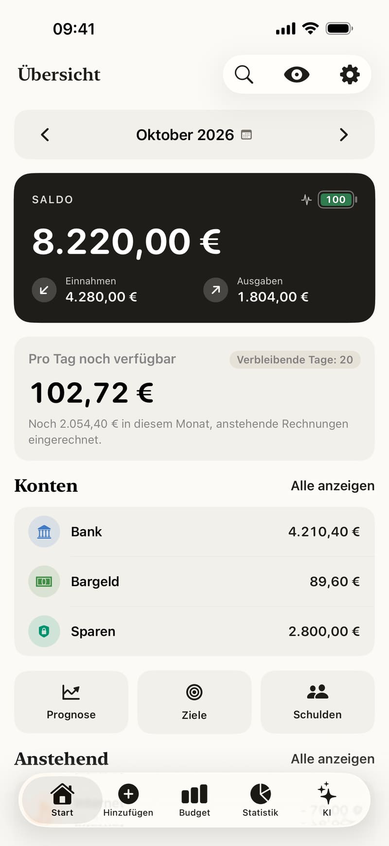 Die Übersicht: Monat, Finanz-Score und die Tasten oben rechts