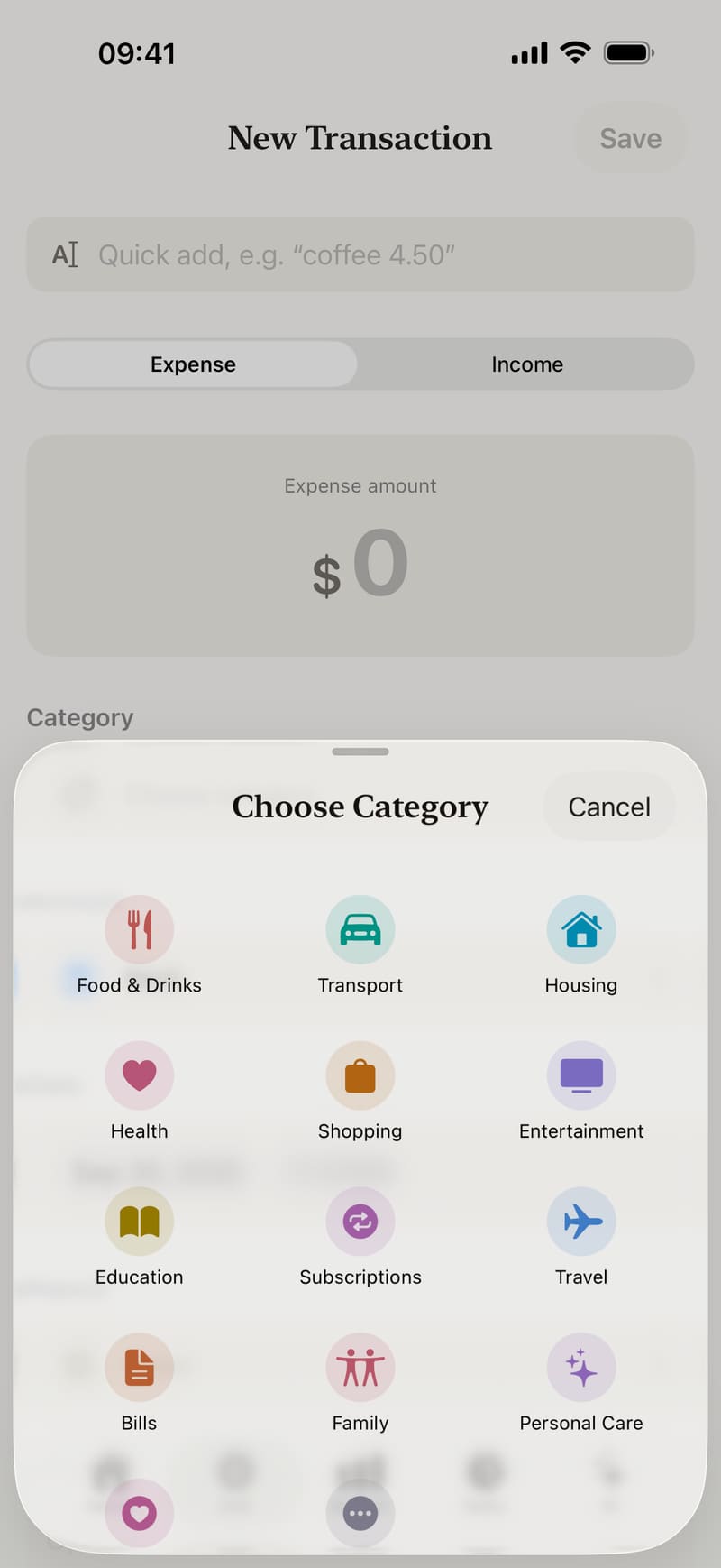 Adding an expense in Fince