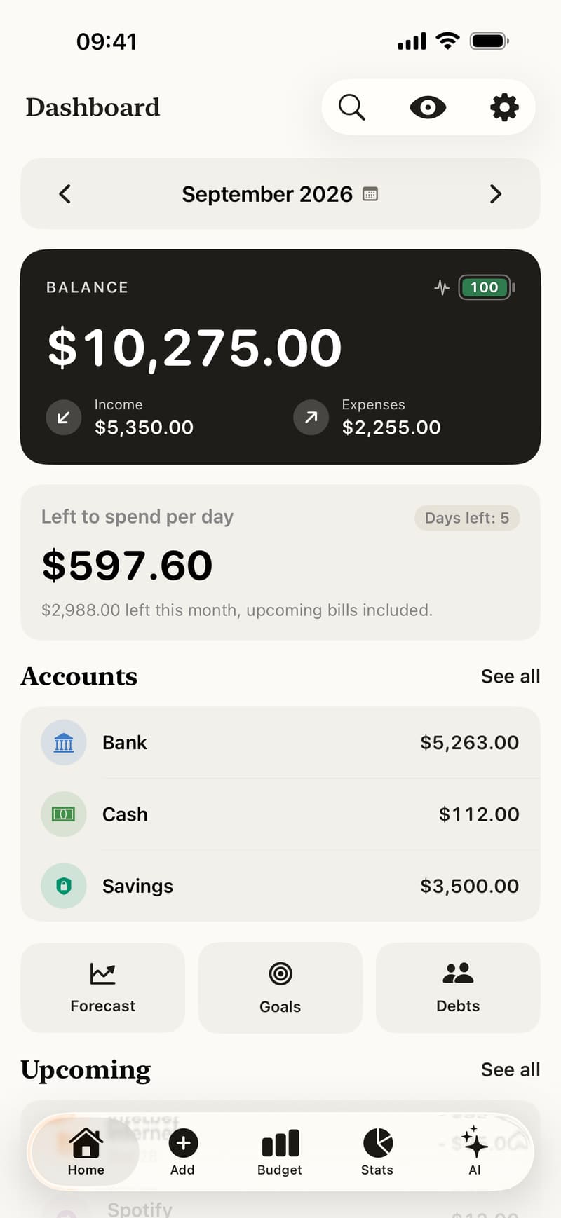 The Fince dashboard: Left to spend per day, with the days left in the month