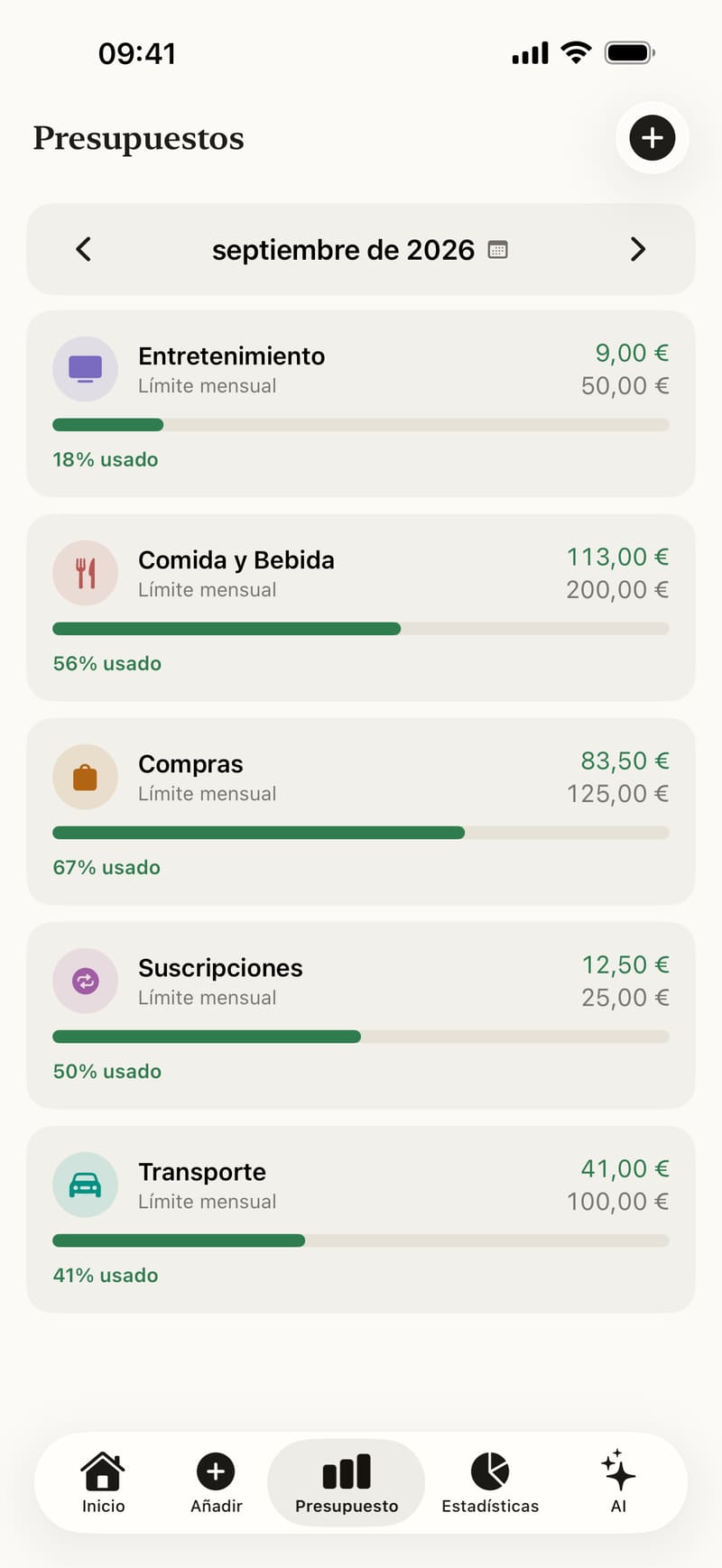 Presupuestos mensuales por categoría con barras de progreso
