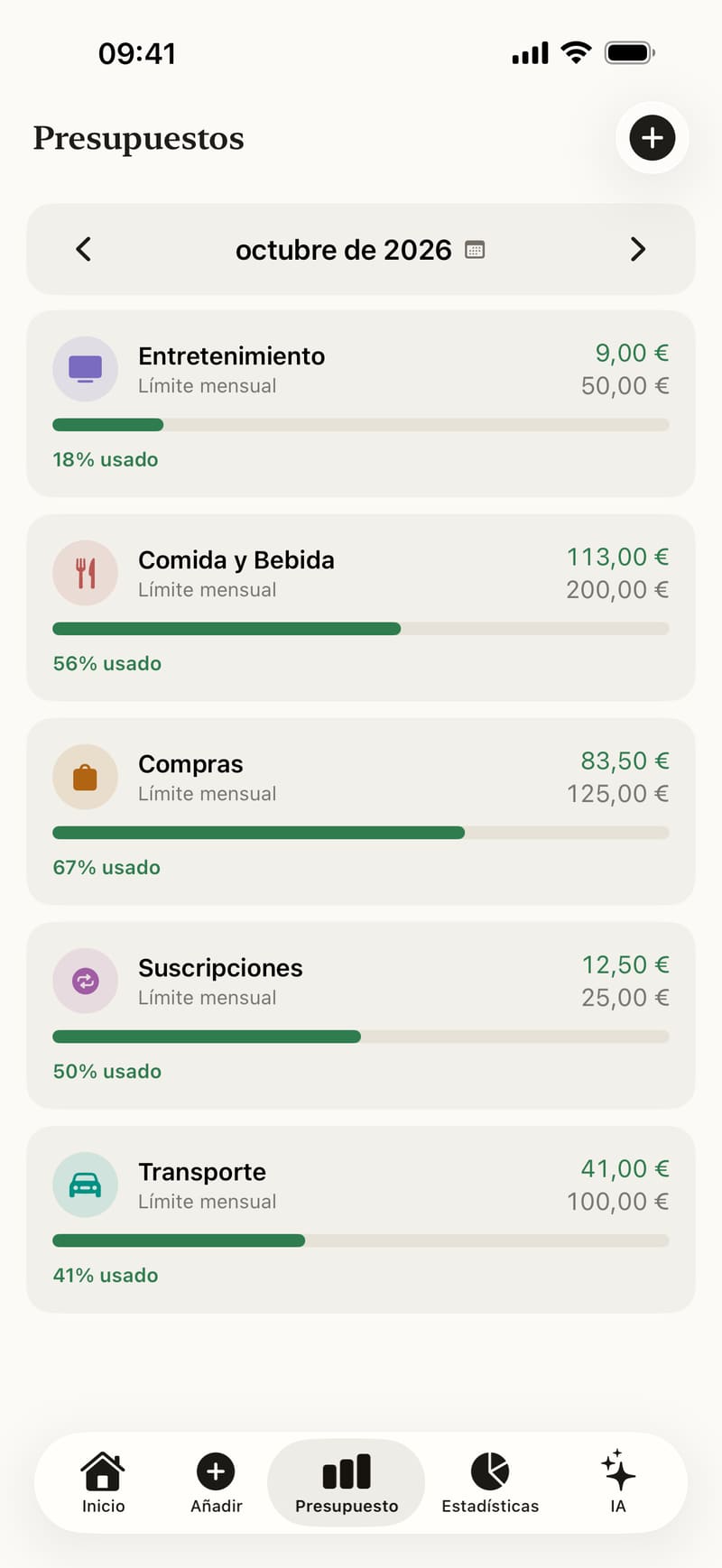 Presupuestos en Fince: un límite mensual por categoría