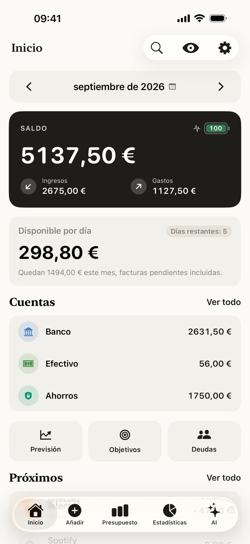 Inicio de Fince: saldo, puntuación financiera, disponible por día y cuentas