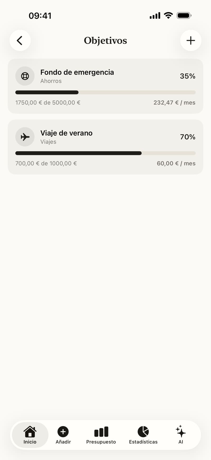 Metas de ahorro con su progreso y lo que hay que apartar cada mes