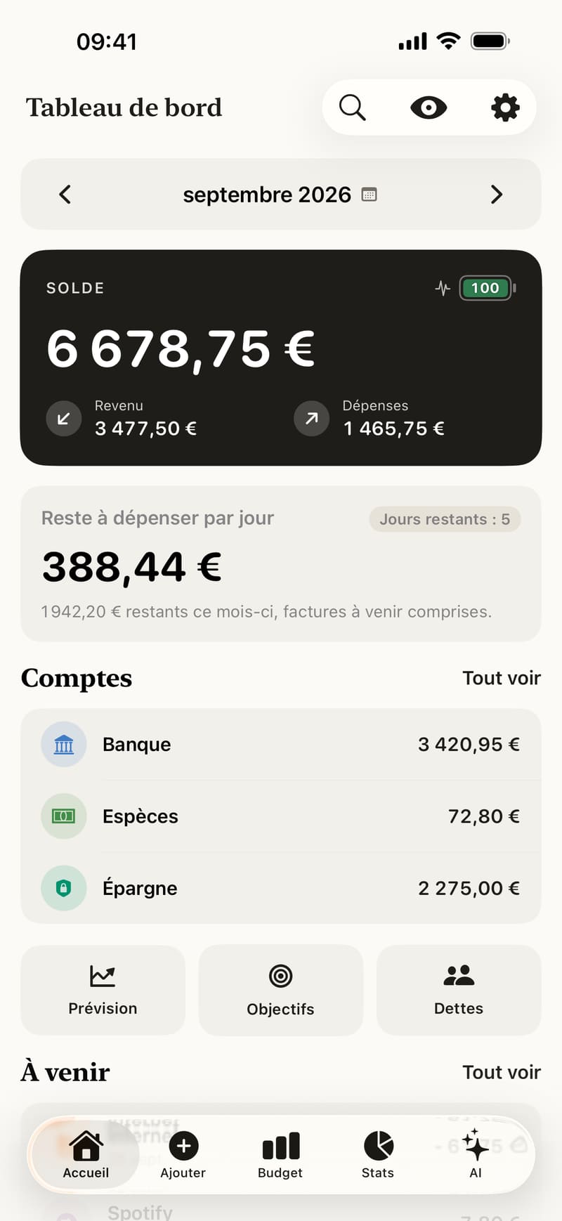 Le tableau de bord de Fince 2.0