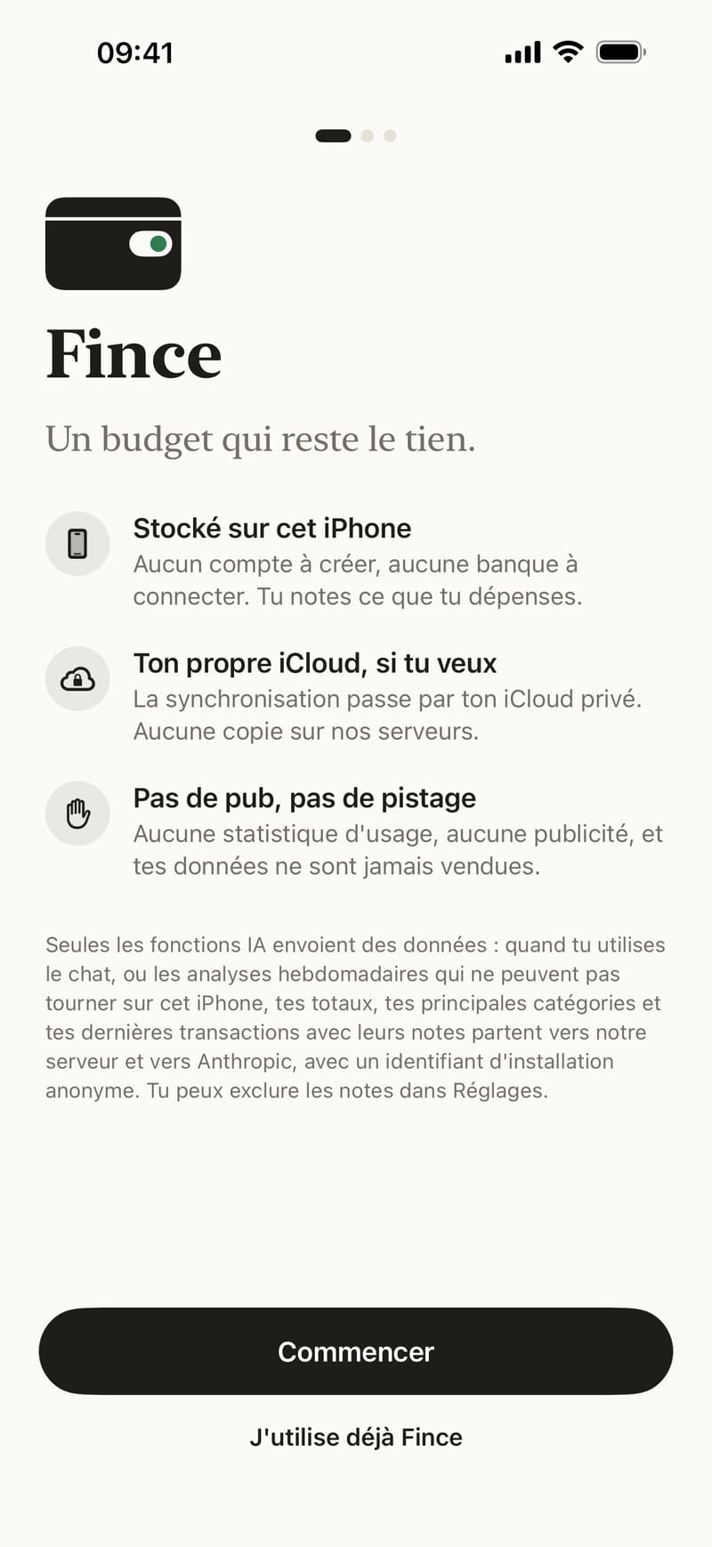 L'écran d'accueil de Fince : stocké sur cet iPhone, aucun compte à créer, aucune banque à connecter