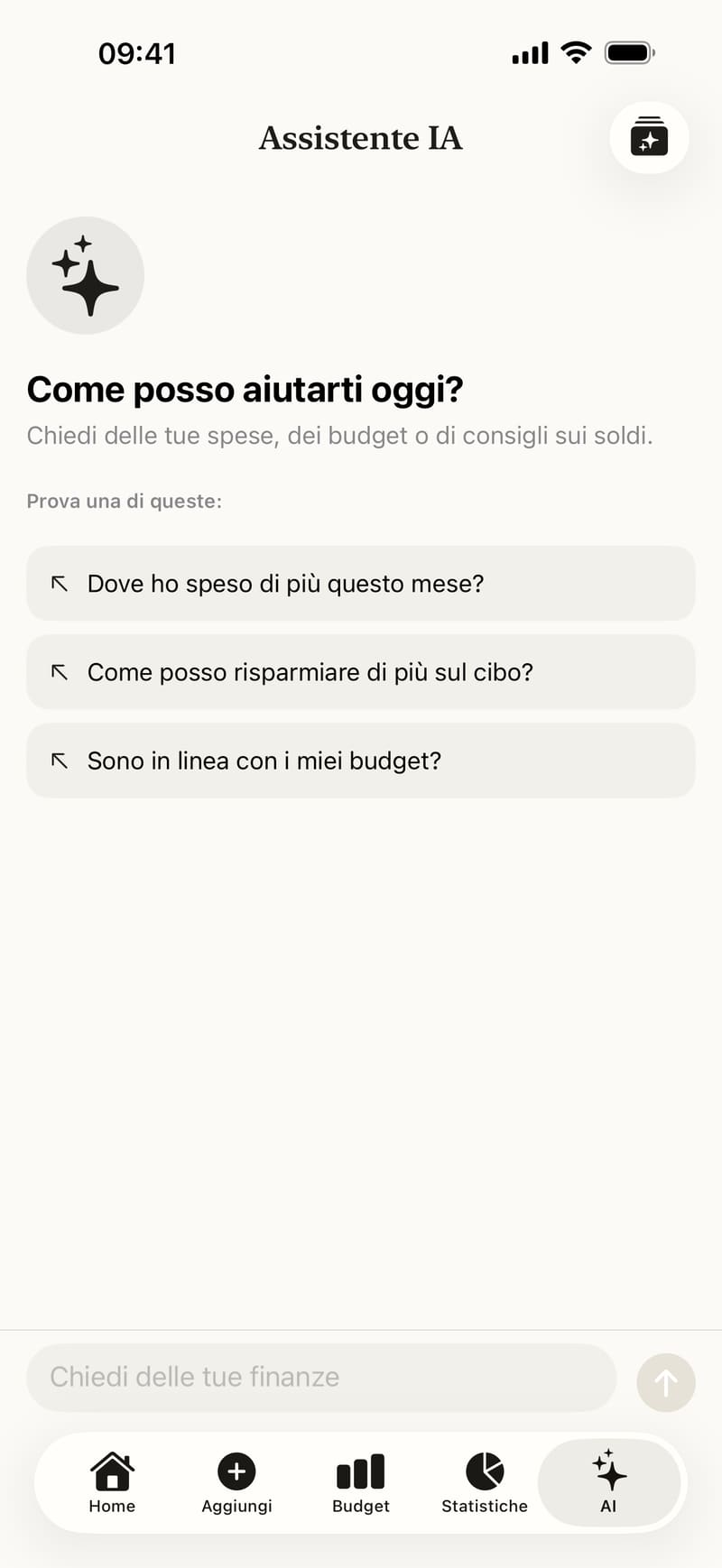 La chat IA di Fince risponde a una domanda sulle spese del mese