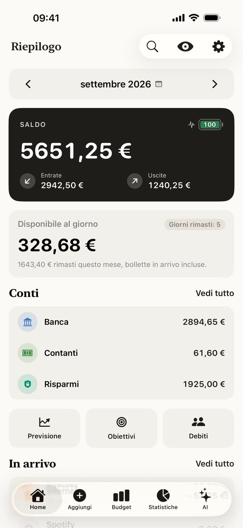 Riepilogo di Fince: saldo, punteggio finanziario, disponibile al giorno e conti