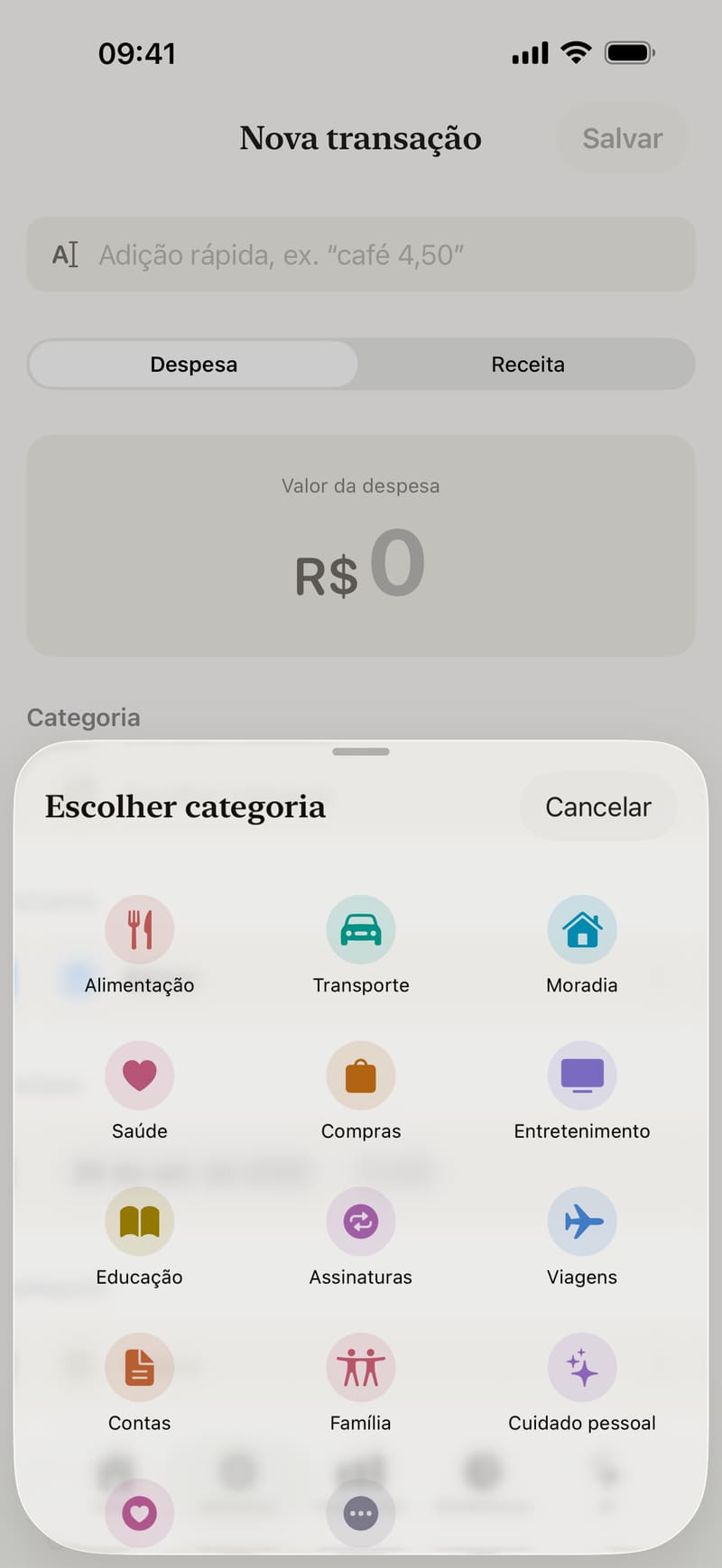 Adicionando um gasto no Fince
