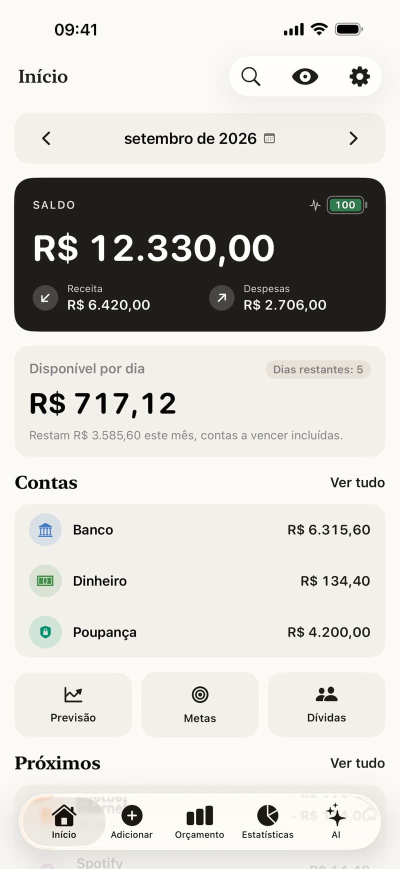 Início do Fince: saldo, pontuação financeira, disponível por dia e contas
