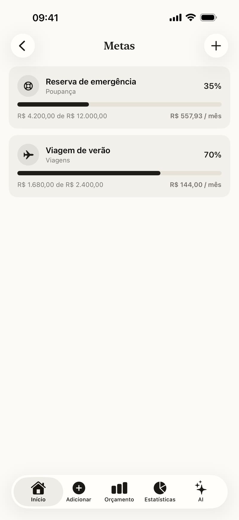 Metas de economia com o progresso e quanto guardar por mês