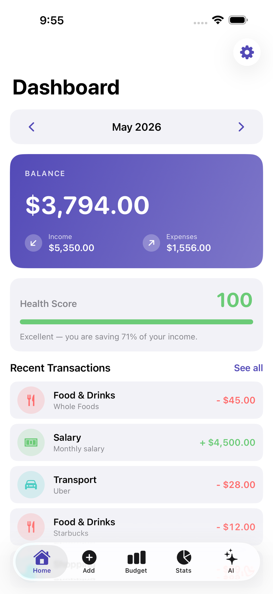 Dashboard di Fince con saldo mensile e transazioni recenti su iPhone