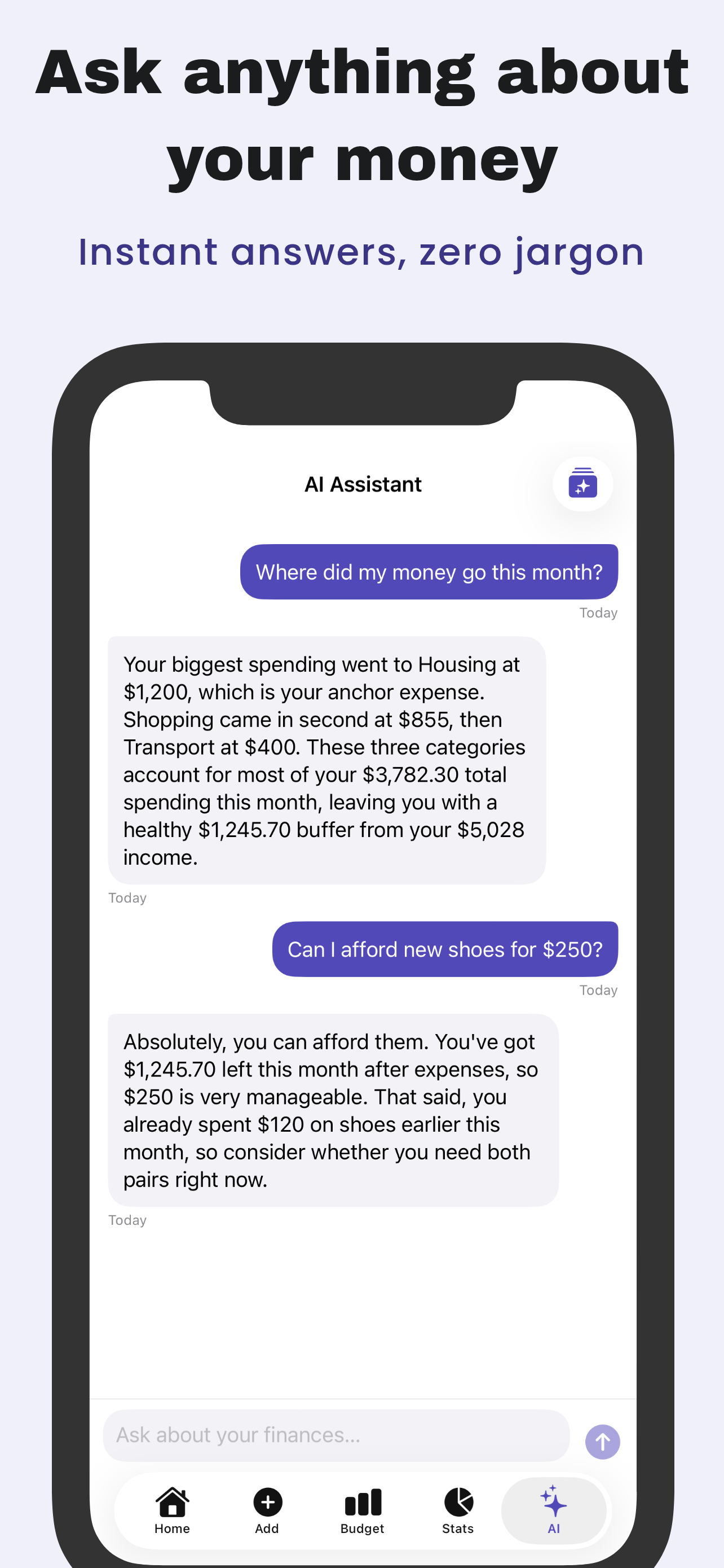 Fince AI chat answering a question about monthly spending