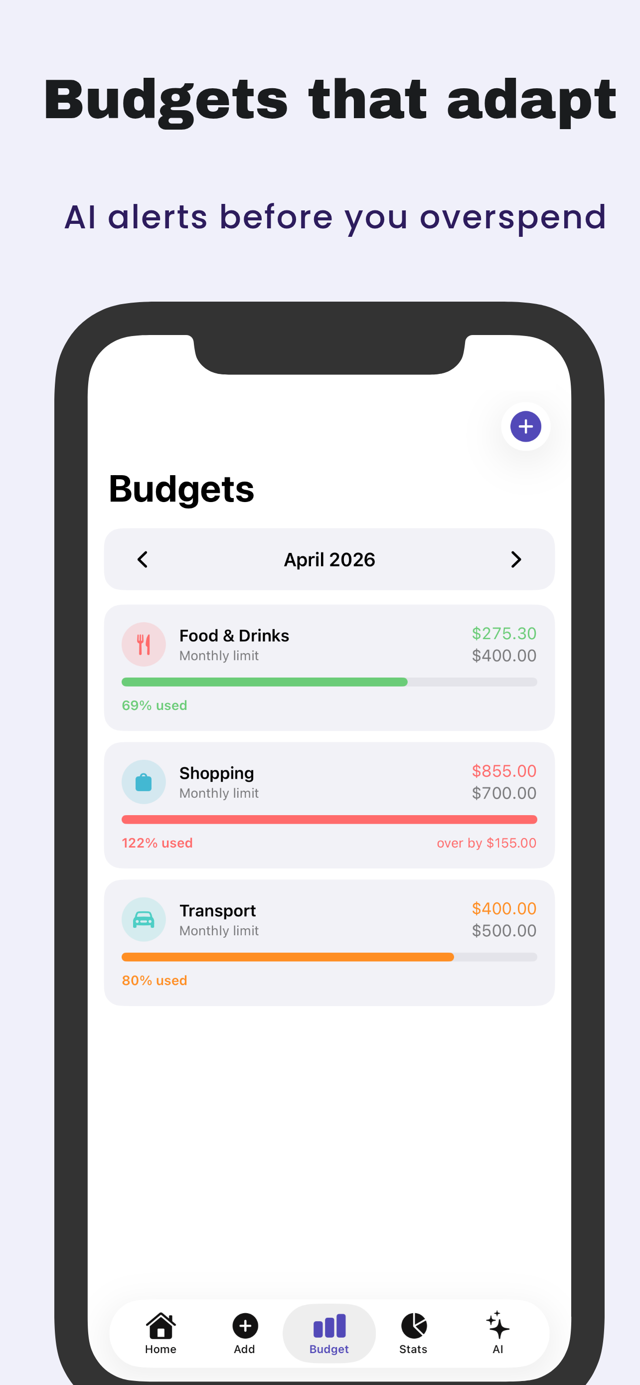 Budgets screen showing monthly spending limits