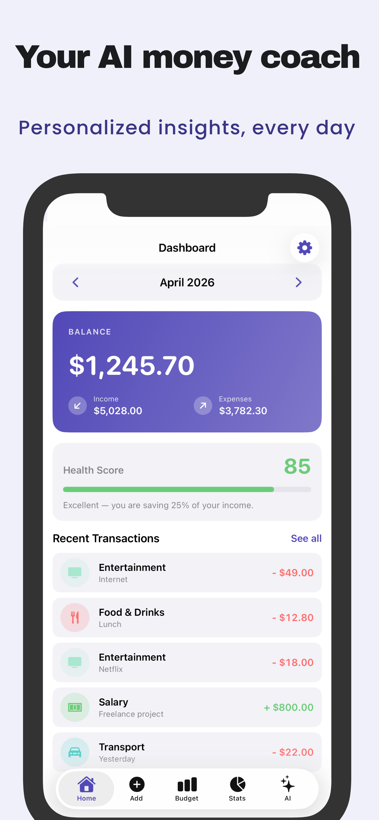 Fince dashboard showing monthly balance, recent transactions, and Health Score on iPhone